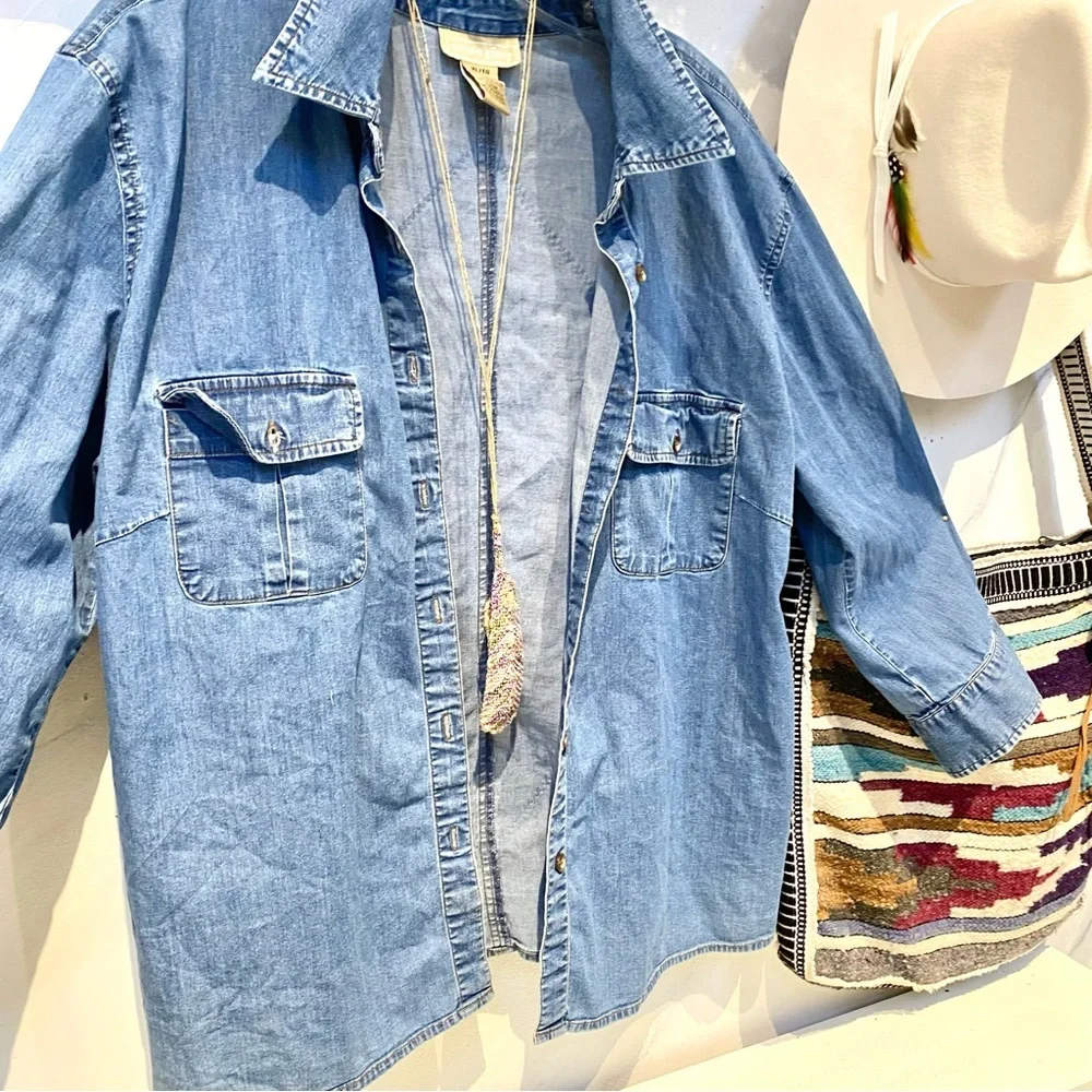 Upcycled patchwork vibe print on denim shirt w prairie country vibe - Picture 11 of 13